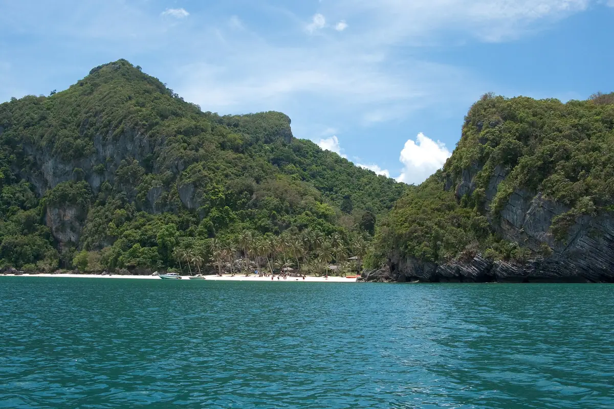 Limestone islands rising out of the sea in the Gulf of Thailand